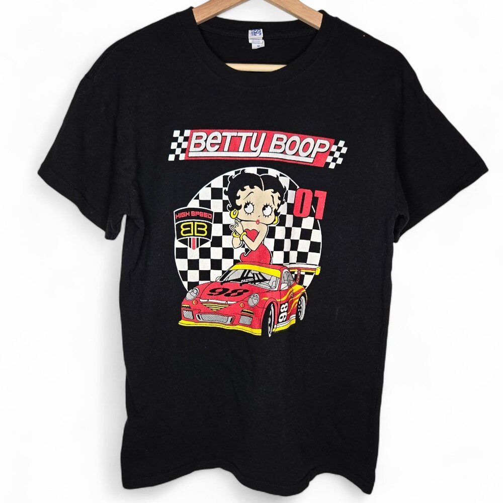 Betty Boop High Speed Race Car Graphic Shirt Men's Classic Cartoon Checker Tee M